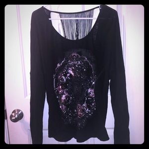 R & R Rose Dolman fringe open back graphic top